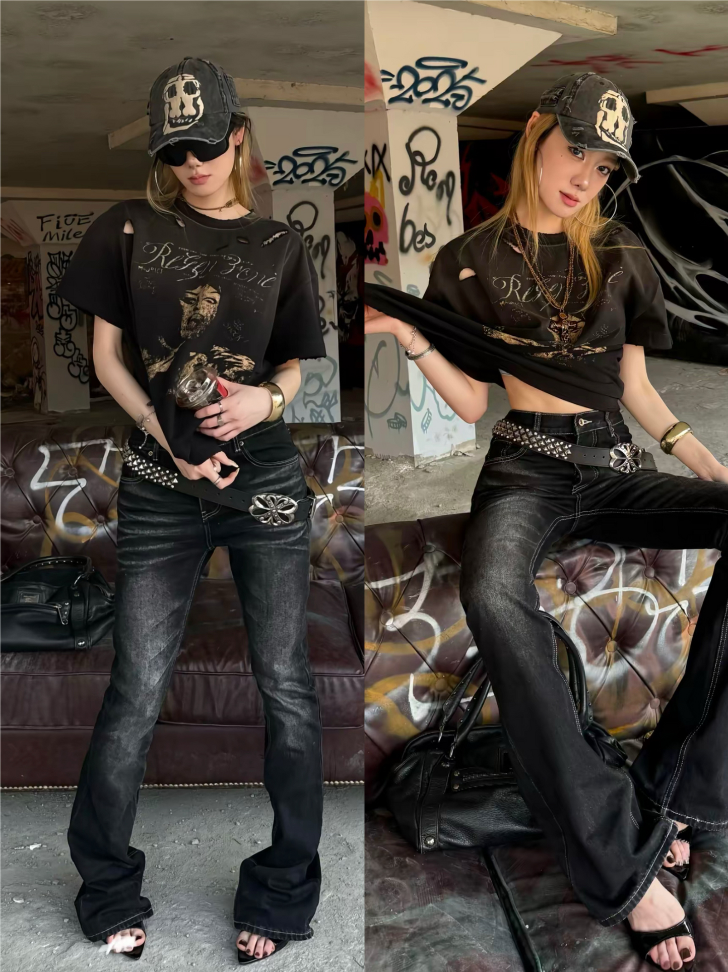 ウォッシュ加工×ダメージデザインTシャツ inloop040